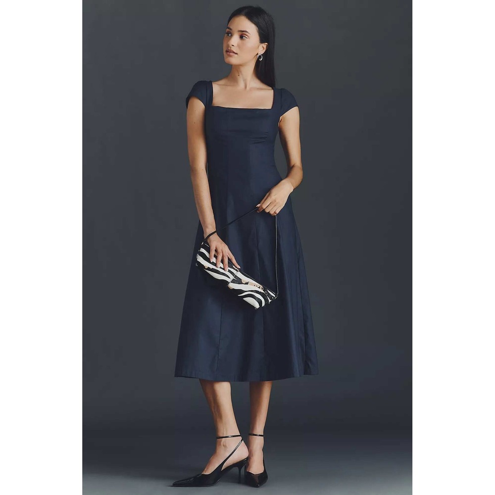 Reformation Harlie Cap-Sleeve A-Line Midi Dress XS Navy Blue Dark Minimalist